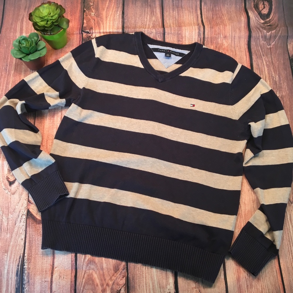 TOMMY HILFIGER Blue Tan V-Neck Striped Sweater Men’s XS